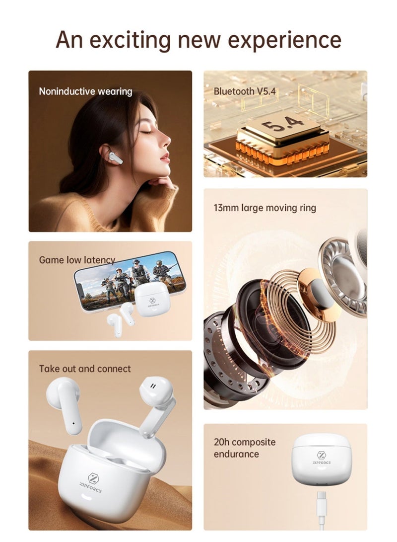 ZIPFORCE True Wireless Earbuds, Semi-In-Ear Bluetooth 5.4 Headphones, Bluetooth Earbuds with Easy Touch Control, Light-Weight Comfortable,IPX5 Waterproof TWS, Ergonomic Fit for Daily Use Work Study Travel - Image 2